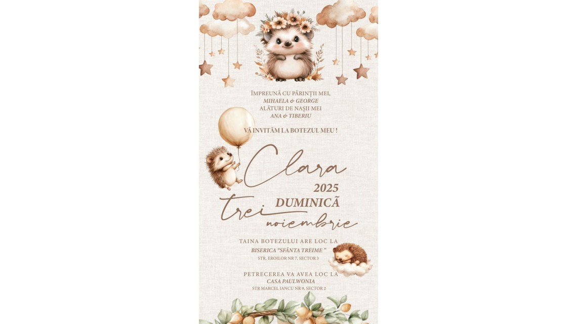 Invitație digitală botez fetiță cu arici Autumn Hedgehog Aricica Invitație electronică toamnatică 1